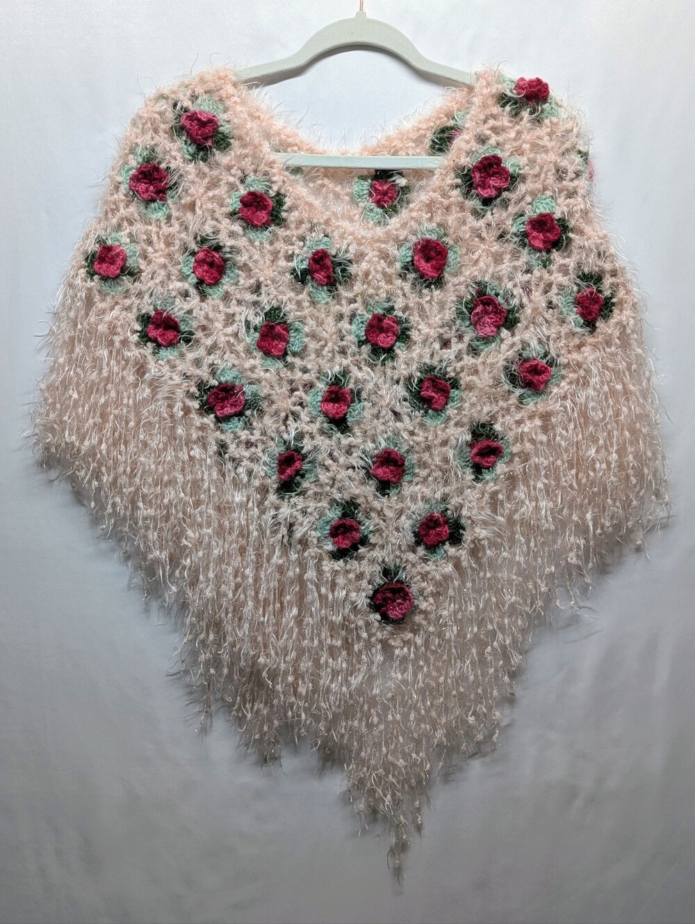 Women’s Pink Fuzzy Crochet Rose Poncho Sweater